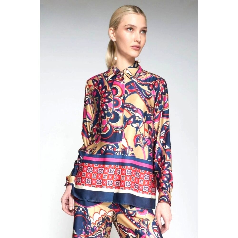VILAGALLO Irina Print Shirt Button Up Long Sleeves Sz 36 Navy Pink Beige Blouse